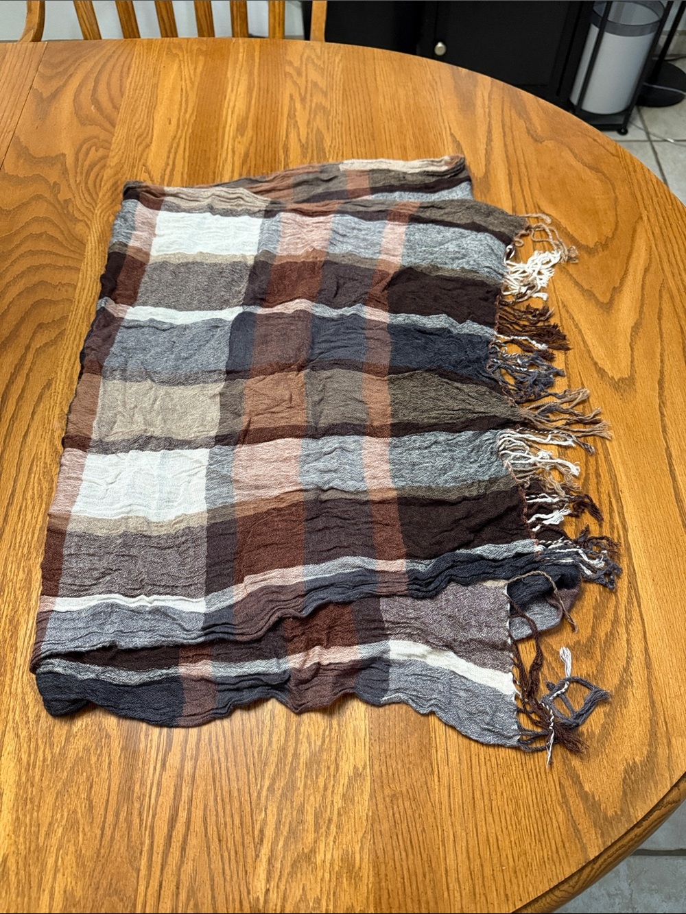 Plaid Fringed Scarf in Brown & Gray